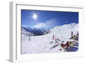 Skiers Relaxing at Cafe in Winter Sunshine, Verdons Sud, La Plagne, French Alps, France, Europe-Peter Barritt-Framed Photographic Print