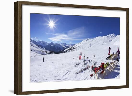 Skiers Relaxing at Cafe in Winter Sunshine, Verdons Sud, La Plagne, French Alps, France, Europe-Peter Barritt-Framed Photographic Print