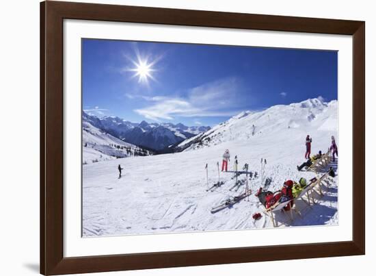 Skiers Relaxing at Cafe in Winter Sunshine, Verdons Sud, La Plagne, French Alps, France, Europe-Peter Barritt-Framed Photographic Print