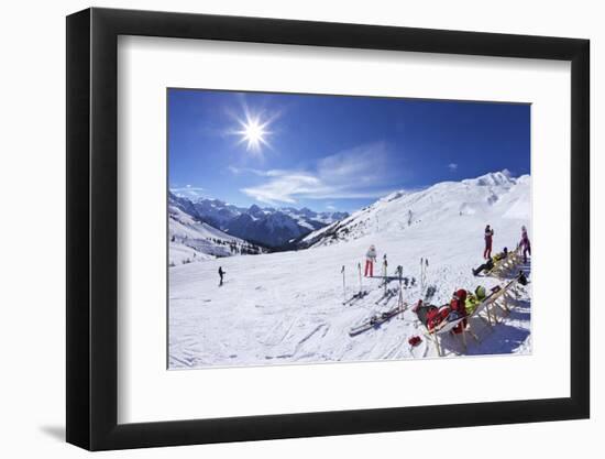 Skiers Relaxing at Cafe in Winter Sunshine, Verdons Sud, La Plagne, French Alps, France, Europe-Peter Barritt-Framed Photographic Print