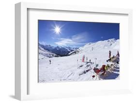 Skiers Relaxing at Cafe in Winter Sunshine, Verdons Sud, La Plagne, French Alps, France, Europe-Peter Barritt-Framed Photographic Print