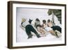 Skiers Sunbathing in Summer Fashions with Dog at Sun Valley Ski Resort, Idaho, April 22, 1947-George Silk-Framed Photographic Print