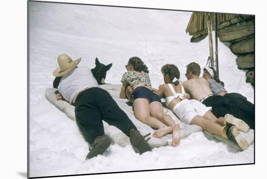 Skiers Sunbathing in Summer Fashions with Dog at Sun Valley Ski Resort, Idaho, April 22, 1947-George Silk-Mounted Photographic Print