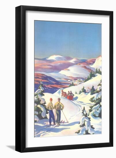 Skiers Watching Horse-Drawn Sleigh-null-Framed Art Print