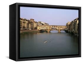 Skiff on the River Arno and the Ponte Vecchio, Florence, Tuscany, Italy-Walter Rawlings-Framed Stretched Canvas