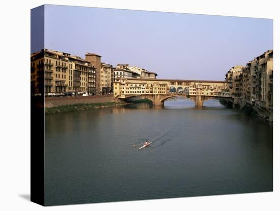 Skiff on the River Arno and the Ponte Vecchio, Florence, Tuscany, Italy-Walter Rawlings-Stretched Canvas