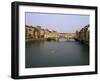 Skiff on the River Arno and the Ponte Vecchio, Florence, Tuscany, Italy-Walter Rawlings-Framed Premium Photographic Print