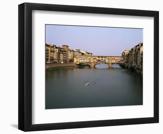 Skiff on the River Arno and the Ponte Vecchio, Florence, Tuscany, Italy-Walter Rawlings-Framed Photographic Print