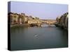 Skiff on the River Arno and the Ponte Vecchio, Florence, Tuscany, Italy-Walter Rawlings-Stretched Canvas