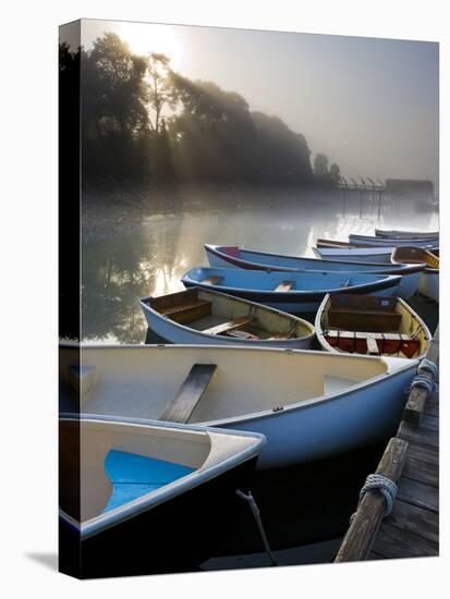 Skiffs and Morning Fog in Southwest Harbor, Maine, Usa-Jerry & Marcy Monkman-Stretched Canvas