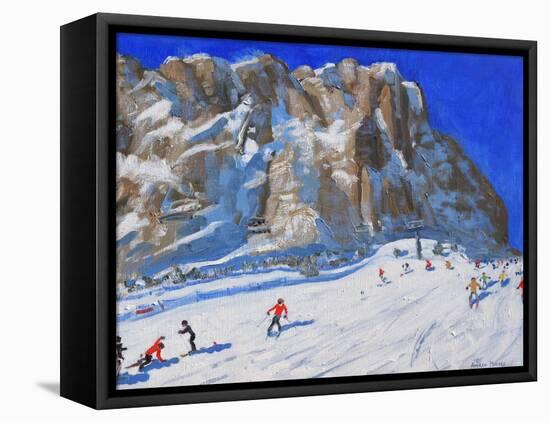 Skiing Down the Mountain, Selva Gardena-Andrew Macara-Framed Stretched Canvas