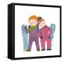 Skiing Sport Child Girl and Boy in Winter Clothes with Snowboard Cartoon. Happy Sporty Kids Couple-Popmarleo-Framed Stretched Canvas
