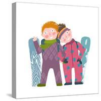 Skiing Sport Child Girl and Boy in Winter Clothes with Snowboard Cartoon. Happy Sporty Kids Couple-Popmarleo-Stretched Canvas