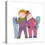 Skiing Sport Child Girl and Boy in Winter Clothes with Snowboard Cartoon. Happy Sporty Kids Couple-Popmarleo-Stretched Canvas