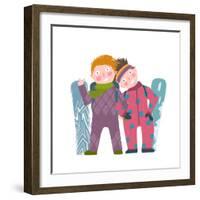 Skiing Sport Child Girl and Boy in Winter Clothes with Snowboard Cartoon. Happy Sporty Kids Couple-Popmarleo-Framed Art Print