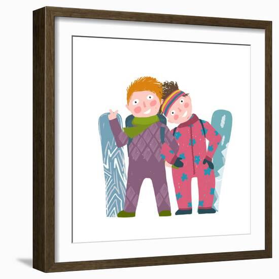 Skiing Sport Child Girl and Boy in Winter Clothes with Snowboard Cartoon. Happy Sporty Kids Couple-Popmarleo-Framed Art Print