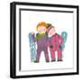 Skiing Sport Child Girl and Boy in Winter Clothes with Snowboard Cartoon. Happy Sporty Kids Couple-Popmarleo-Framed Art Print