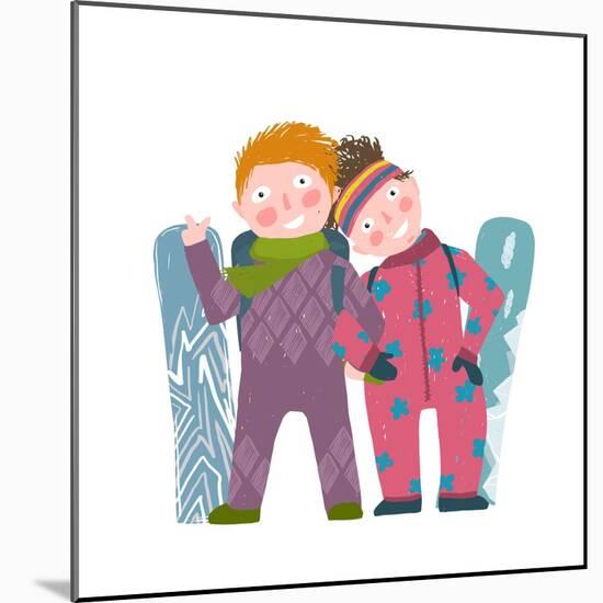 Skiing Sport Child Girl and Boy in Winter Clothes with Snowboard Cartoon. Happy Sporty Kids Couple-Popmarleo-Mounted Art Print