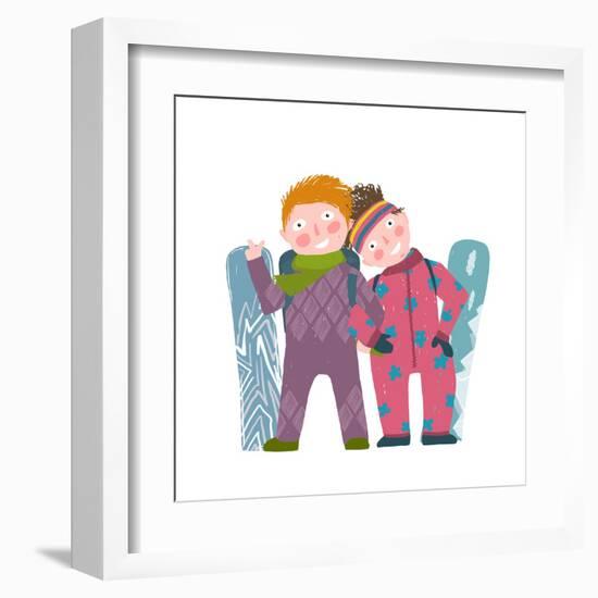 Skiing Sport Child Girl and Boy in Winter Clothes with Snowboard Cartoon. Happy Sporty Kids Couple-Popmarleo-Framed Art Print