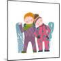 Skiing Sport Child Girl and Boy in Winter Clothes with Snowboard Cartoon. Happy Sporty Kids Couple-Popmarleo-Mounted Art Print