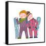 Skiing Sport Child Girl and Boy in Winter Clothes with Snowboard Cartoon. Happy Sporty Kids Couple-Popmarleo-Framed Stretched Canvas