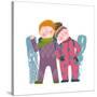 Skiing Sport Child Girl and Boy in Winter Clothes with Snowboard Cartoon. Happy Sporty Kids Couple-Popmarleo-Stretched Canvas