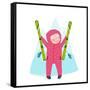 Skiing Sport Child Girl in Winter Clothes with Skies Colorful Cartoon. Happy Kid Holding Skies Near-Popmarleo-Framed Stretched Canvas
