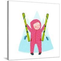 Skiing Sport Child Girl in Winter Clothes with Skies Colorful Cartoon. Happy Kid Holding Skies Near-Popmarleo-Stretched Canvas