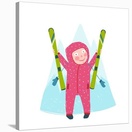 Skiing Sport Child Girl in Winter Clothes with Skies Colorful Cartoon. Happy Kid Holding Skies Near-Popmarleo-Stretched Canvas