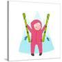 Skiing Sport Child Girl in Winter Clothes with Skies Colorful Cartoon. Happy Kid Holding Skies Near-Popmarleo-Stretched Canvas