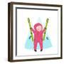 Skiing Sport Child Girl in Winter Clothes with Skies Colorful Cartoon. Happy Kid Holding Skies Near-Popmarleo-Framed Art Print