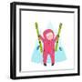 Skiing Sport Child Girl in Winter Clothes with Skies Colorful Cartoon. Happy Kid Holding Skies Near-Popmarleo-Framed Art Print