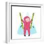 Skiing Sport Child Girl in Winter Clothes with Skies Colorful Cartoon. Happy Kid Holding Skies Near-Popmarleo-Framed Art Print