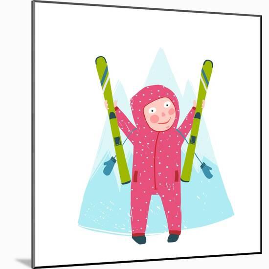 Skiing Sport Child Girl in Winter Clothes with Skies Colorful Cartoon. Happy Kid Holding Skies Near-Popmarleo-Mounted Art Print