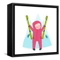 Skiing Sport Child Girl in Winter Clothes with Skies Colorful Cartoon. Happy Kid Holding Skies Near-Popmarleo-Framed Stretched Canvas