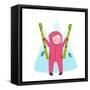 Skiing Sport Child Girl in Winter Clothes with Skies Colorful Cartoon. Happy Kid Holding Skies Near-Popmarleo-Framed Stretched Canvas