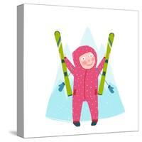 Skiing Sport Child Girl in Winter Clothes with Skies Colorful Cartoon. Happy Kid Holding Skies Near-Popmarleo-Stretched Canvas