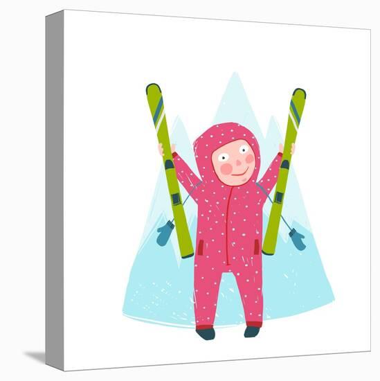 Skiing Sport Child Girl in Winter Clothes with Skies Colorful Cartoon. Happy Kid Holding Skies Near-Popmarleo-Stretched Canvas