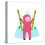 Skiing Sport Child Girl in Winter Clothes with Skies Colorful Cartoon. Happy Kid Holding Skies Near-Popmarleo-Stretched Canvas