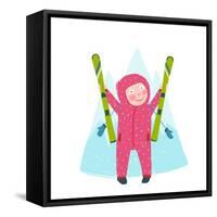 Skiing Sport Child Girl in Winter Clothes with Skies Colorful Cartoon. Happy Kid Holding Skies Near-Popmarleo-Framed Stretched Canvas