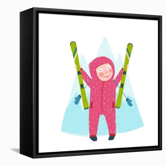 Skiing Sport Child Girl in Winter Clothes with Skies Colorful Cartoon. Happy Kid Holding Skies Near-Popmarleo-Framed Stretched Canvas