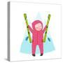 Skiing Sport Child Girl in Winter Clothes with Skies Colorful Cartoon. Happy Kid Holding Skies Near-Popmarleo-Stretched Canvas