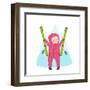 Skiing Sport Child Girl in Winter Clothes with Skies Colorful Cartoon. Happy Kid Holding Skies Near-Popmarleo-Framed Art Print