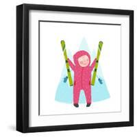 Skiing Sport Child Girl in Winter Clothes with Skies Colorful Cartoon. Happy Kid Holding Skies Near-Popmarleo-Framed Art Print