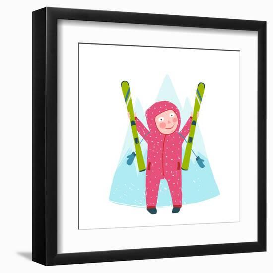 Skiing Sport Child Girl in Winter Clothes with Skies Colorful Cartoon. Happy Kid Holding Skies Near-Popmarleo-Framed Art Print