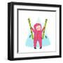 Skiing Sport Child Girl in Winter Clothes with Skies Colorful Cartoon. Happy Kid Holding Skies Near-Popmarleo-Framed Art Print