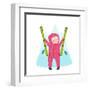 Skiing Sport Child Girl in Winter Clothes with Skies Colorful Cartoon. Happy Kid Holding Skies Near-Popmarleo-Framed Art Print