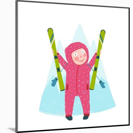 Skiing Sport Child Girl in Winter Clothes with Skies Colorful Cartoon. Happy Kid Holding Skies Near-Popmarleo-Mounted Art Print