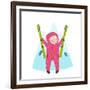 Skiing Sport Child Girl in Winter Clothes with Skies Colorful Cartoon. Happy Kid Holding Skies Near-Popmarleo-Framed Art Print