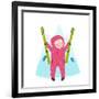 Skiing Sport Child Girl in Winter Clothes with Skies Colorful Cartoon. Happy Kid Holding Skies Near-Popmarleo-Framed Art Print